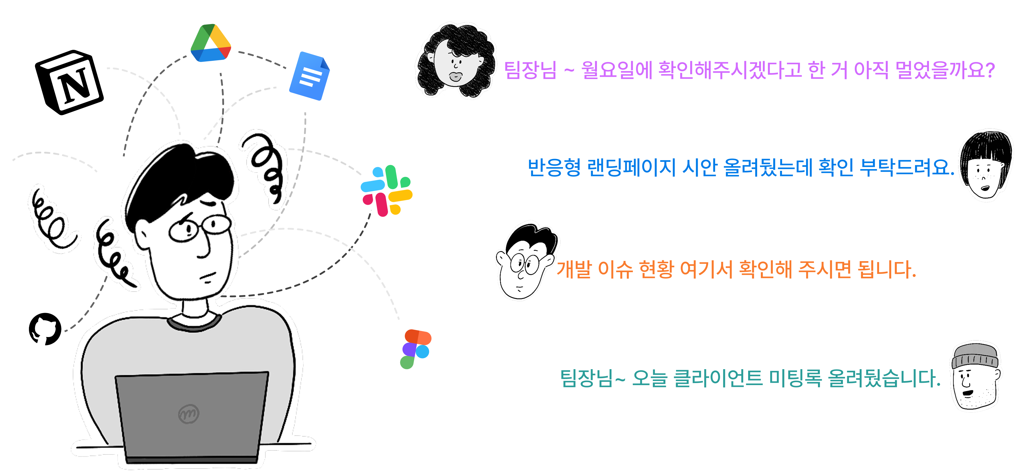 업무 맥락 분산 — 대화와 자료가 흩어진 모습