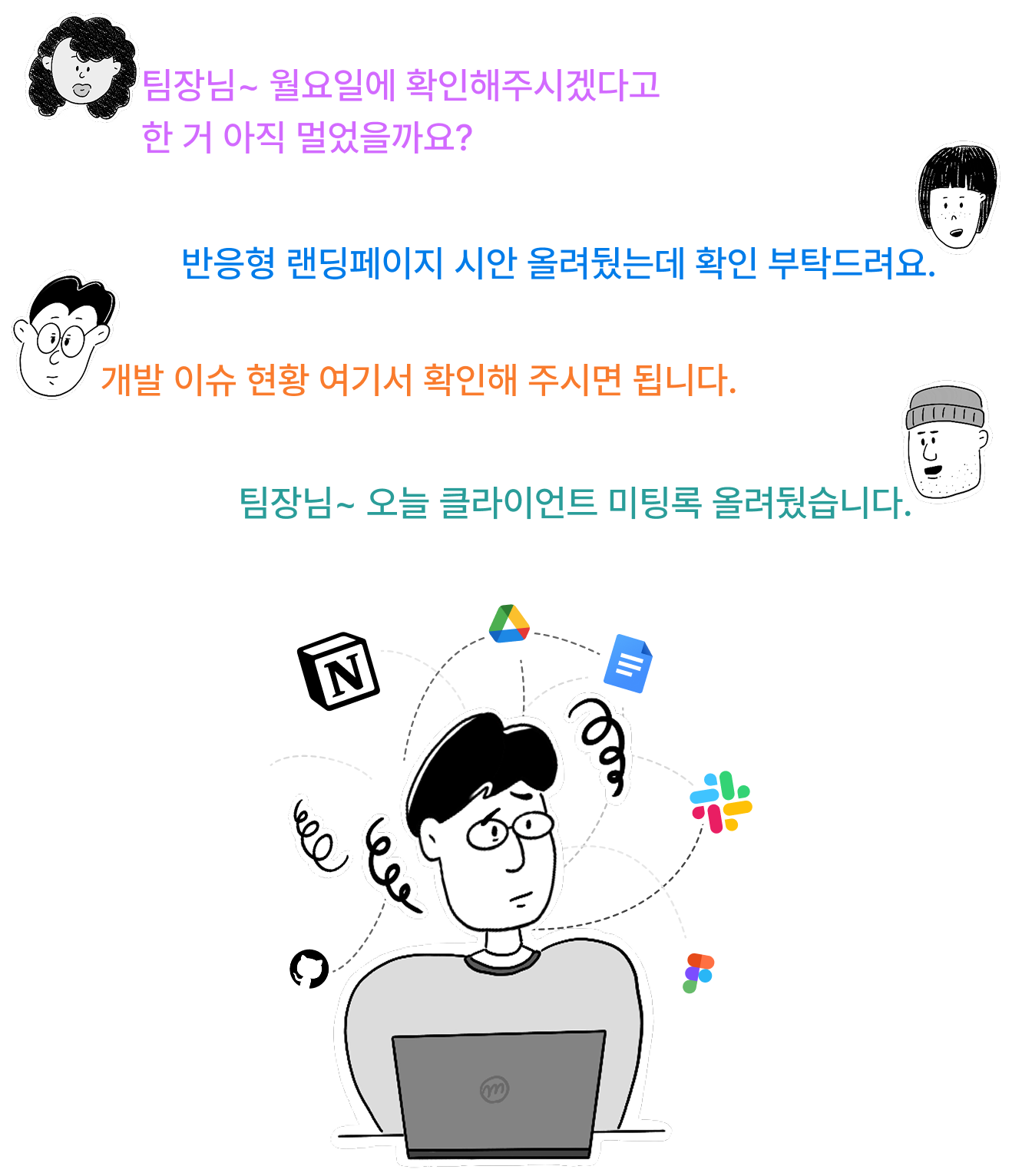 업무 맥락 분산 — 대화와 자료가 흩어진 모습